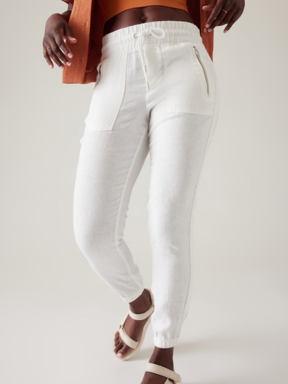 Athleta Cabo White Linen Drawstring Joggers sz 10 #FF